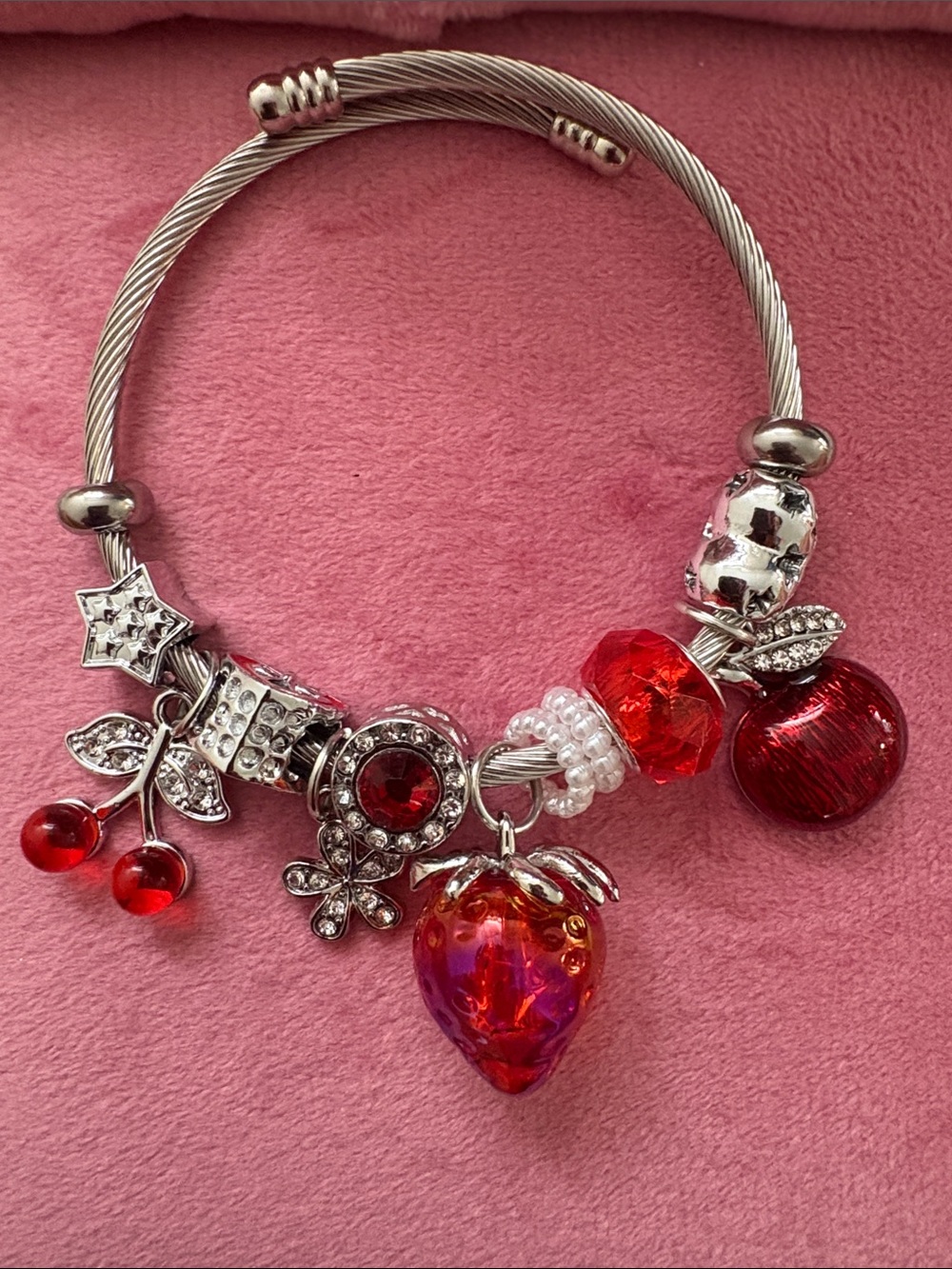 Silver Charm Bracelet with Red Crystal Charms